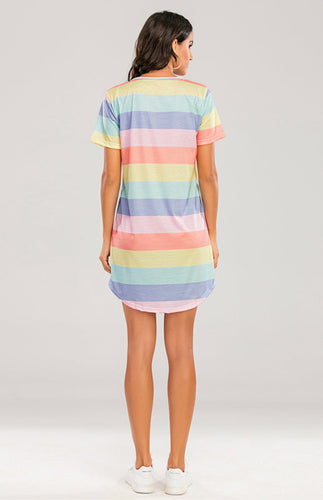 Levoire | Femme T-shirt Pyjama Court à Rayures Arc-en-ciel Lâche