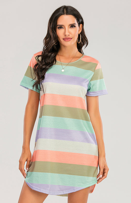 Levoire | Femme T-shirt Pyjama Court à Rayures Arc-en-ciel Lâche vert violet orange rayures