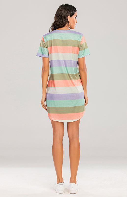 Levoire | Femme T-shirt Pyjama Court à Rayures Arc-en-ciel Lâche