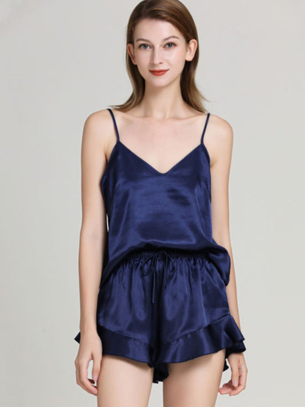 Levoire | Femme Uni Col V Spaghetti Bretelles Nuit + Shorts Pyjama Ensemble Deux Pièces Couleur Champlain