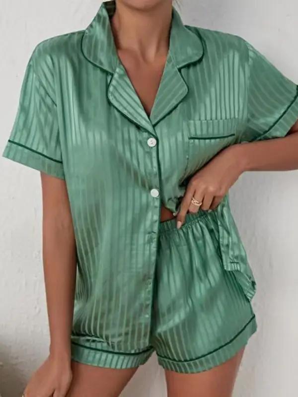 Levoire | Dame rayé haut à manches courtes + short ensemble pyjama Vert