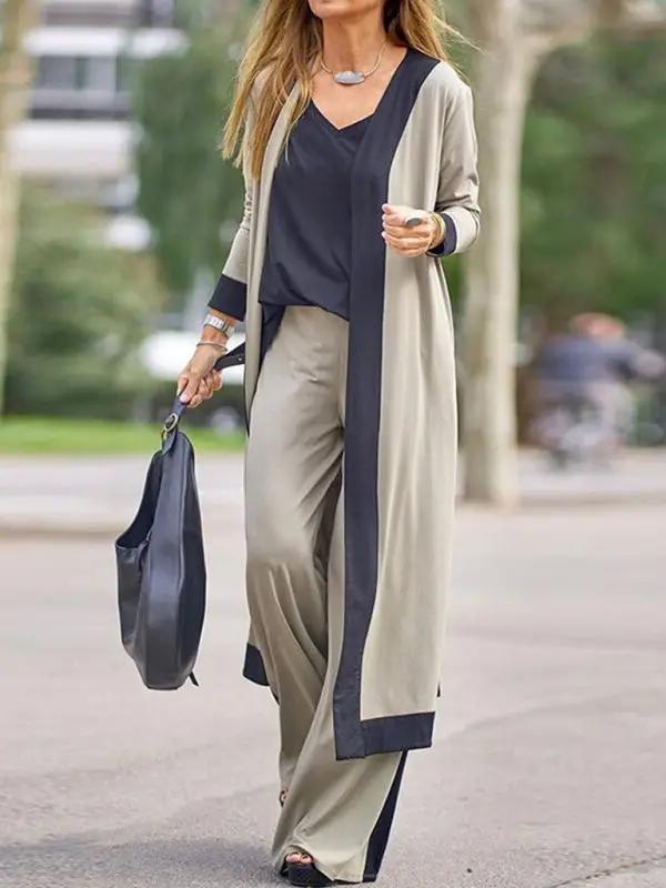 Levoire | Dame Loisirs Gilet sans manches en couleur contrastée + Veste à manches longues + Pantalon Trois ensembles