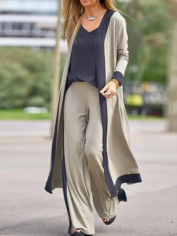 Levoire | Dame Loisirs Gilet sans manches en couleur contrastée + Veste à manches longues + Pantalon Trois ensembles