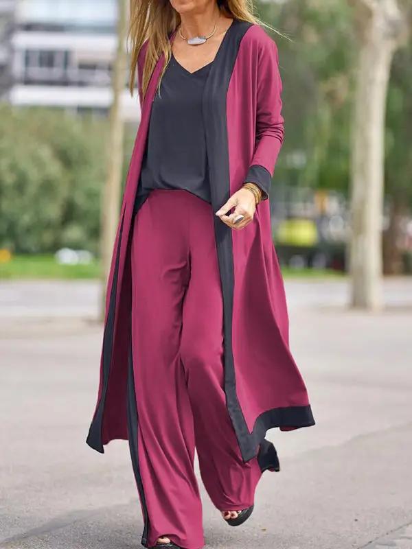 Levoire | Dame Loisirs Gilet sans manches en couleur contrastée + Veste à manches longues + Pantalon Trois ensembles Rot