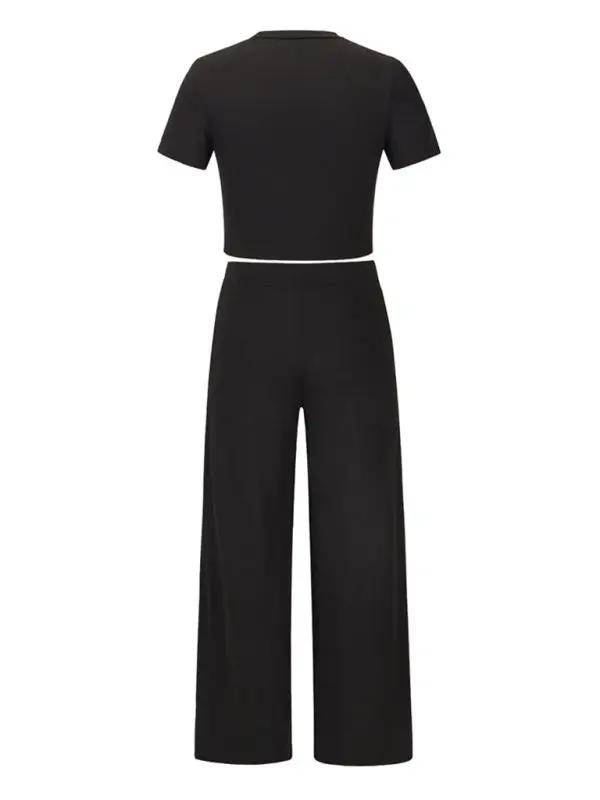 Levoire | Femmes t-shirt uni col rond à manches courtes + Ensemble de pantalon deux pièces