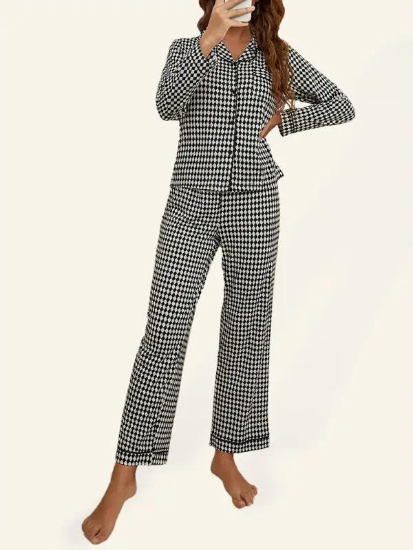 Levoire | Femmes Rhombus Pantalons à Manches Longues Vêtements de Maison Ensemble Noir