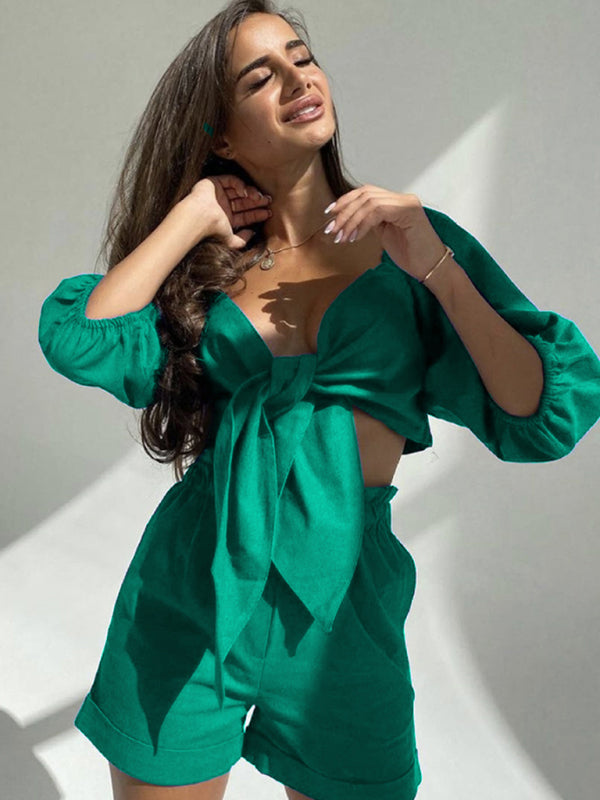 Levoire | Vêtements pour femmes Chemise en coton-lin sexy avec poches Shorts Pantalons amples Vert