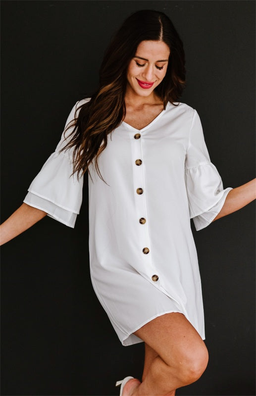Levoire | Femme sV-découpe Bouton cloche à manches robe chemise Blanc