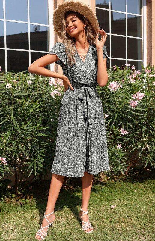 Levoire | Femme Jupe Imprimée Plissée Robe V Col