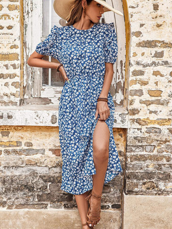 Levoire | Européenne et américaine jupe informelle fendue fleurie robe bleue Bleu