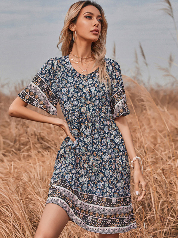 Levoire | Nouvelle robe vintage à col rond imprimé pour femme Noir