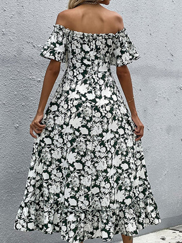 Levoire | Robe midi slim ajustée à la silhouette à manches courtes robe imprimée à une épaule