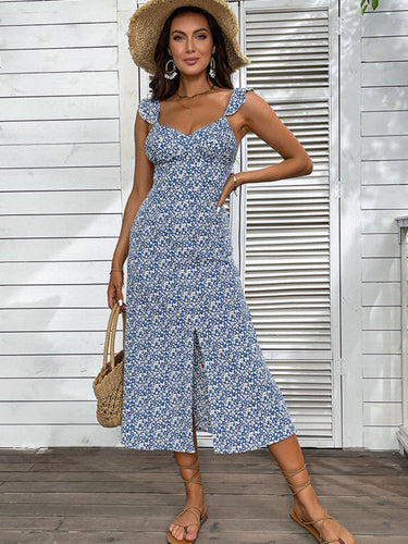 Levoire | Robe à bretelles florale Style de vacances européen et américain robe bleue