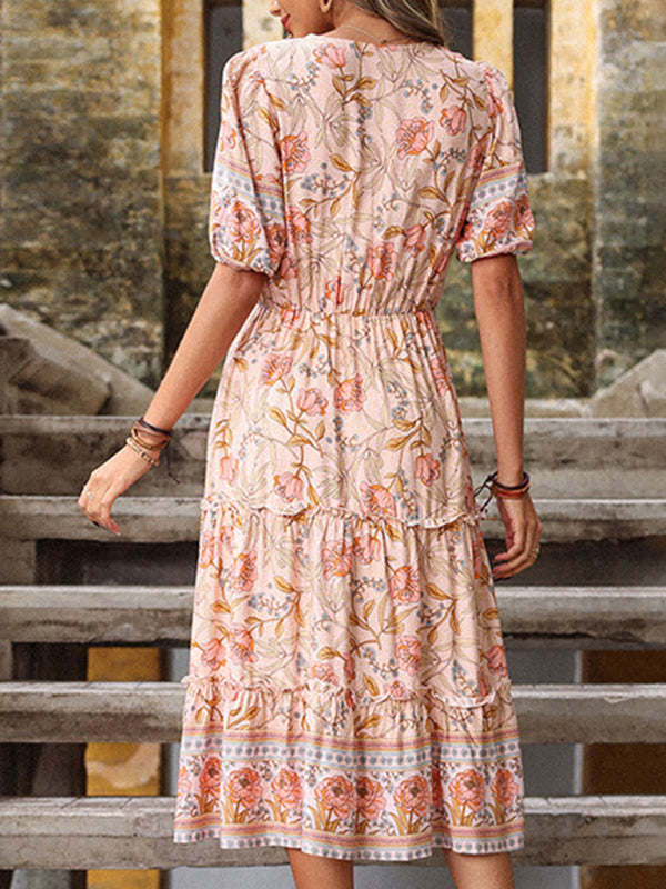 Levoire | Robe Midi V Col en V Imprimé Pilz Vintage Dame Rose