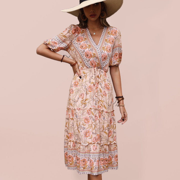 Levoire | Robe Midi V Col en V Imprimé Pilz Vintage Dame Rose Rosa