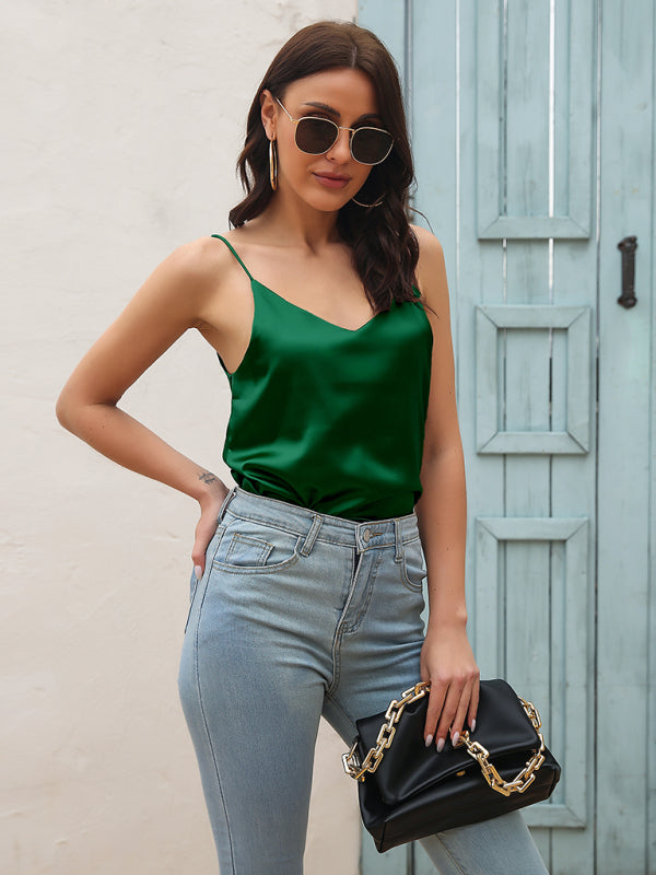 Levoire | Dame Satin imité soie V-Urt chemise avec fines bretelles Vert