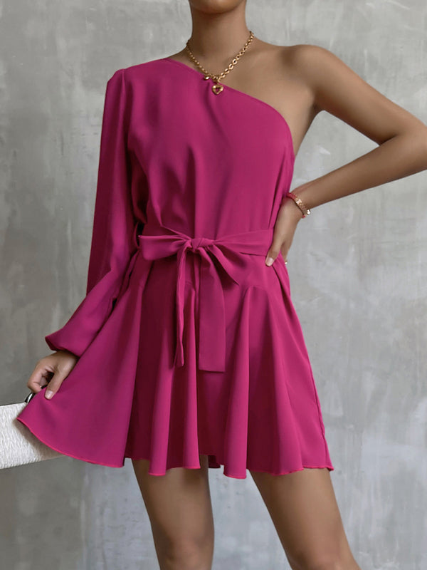 Levoire | Femme Automne Nouvelle Unie Épaule Biais Unilatéral Manches A-Ligne Balancer Mode Tendance Lâche Robe