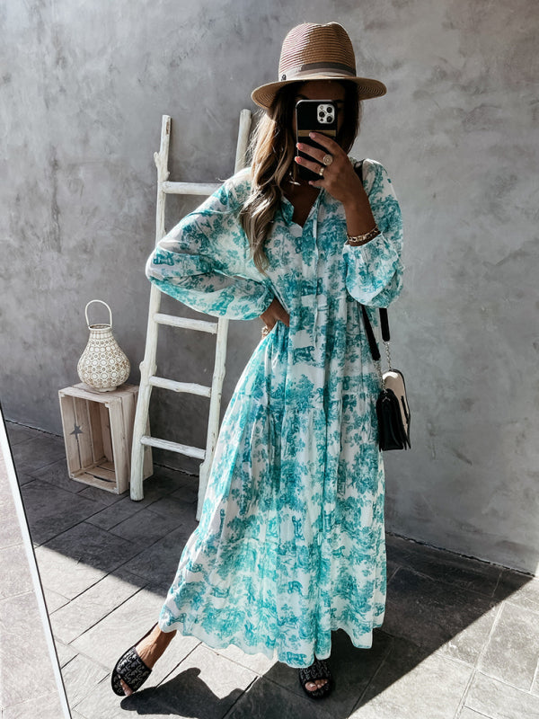 Levoire | Vêtements pour femmes Imprimé Couronne royale Robe d'été à manches longues Vert
