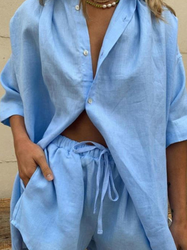 Levoire | Pour femmes Coloré Simple Blouse à manches courtes Shorts Lâche Mode Vêtements Vêtements de loisirs Bleu