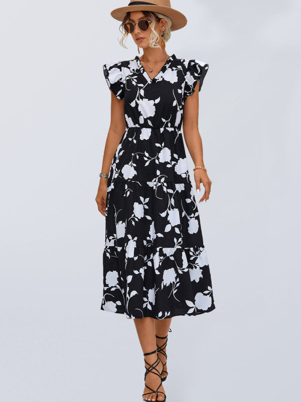 Levoire | Nouvelle robe aérienne imprimée à fleurs V décolleté Noir