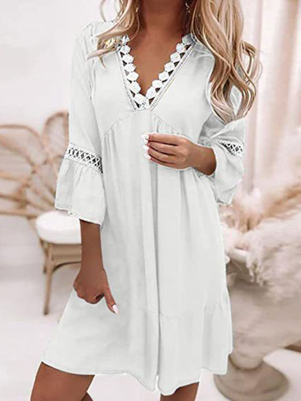 Levoire | Femmes Robe Boho à imprimé panneau pointu à col en V Blanc