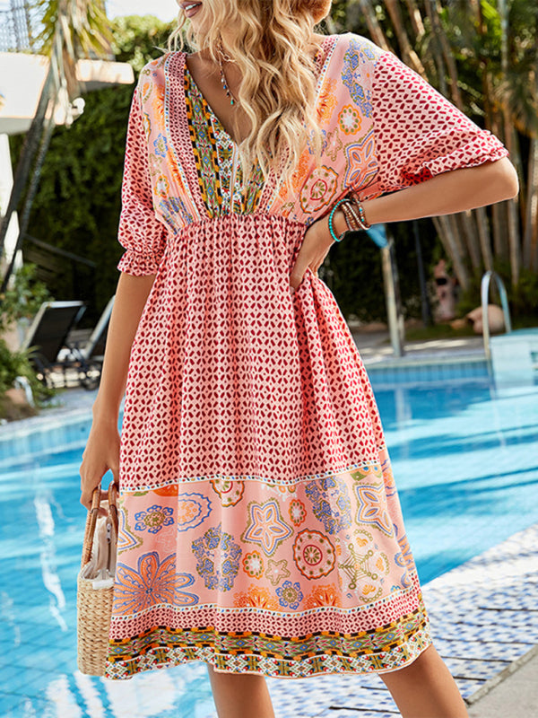 Levoire | Femmes V neck Tricoté Manches Courtes Bohème Combinaison de Vacances