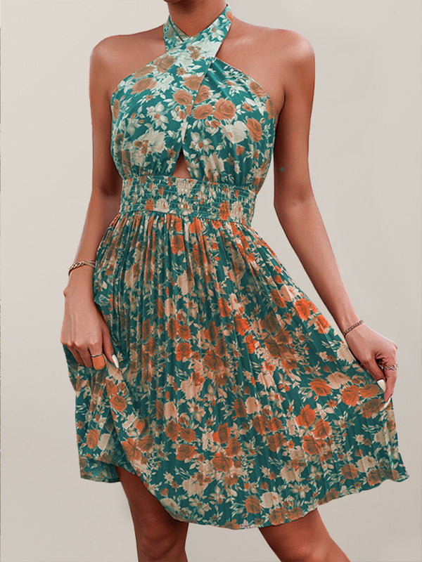 Levoire | Femmes Robe Fleurie Sexy Halter Neck Sans Dos Vert