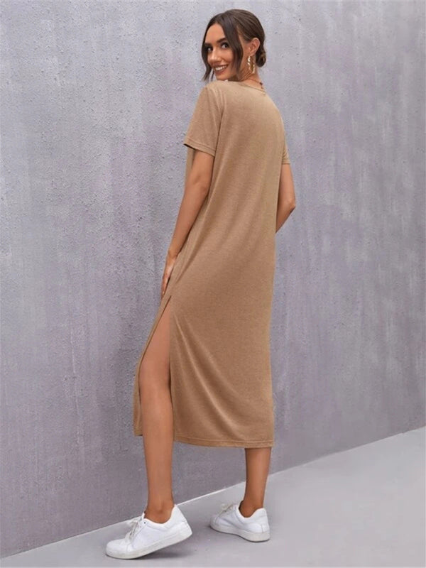 Levoire | Femme Robe à manches courtes Col rond Fente Milieu Jupe