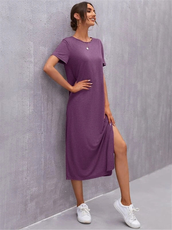 Levoire | Femme Robe à manches courtes Col rond Fente Milieu Jupe