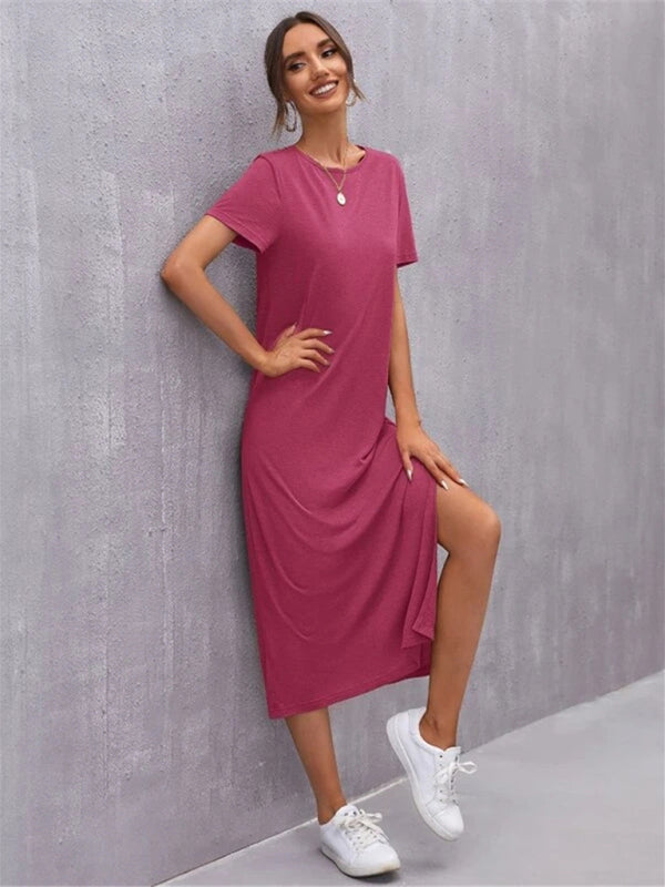 Levoire | Femme Robe à manches courtes Col rond Fente Milieu Jupe