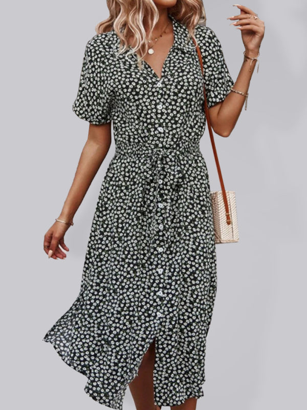 Levoire | Délicieuse robe de printemps et d'été de style resort avec grand imprimé Noir