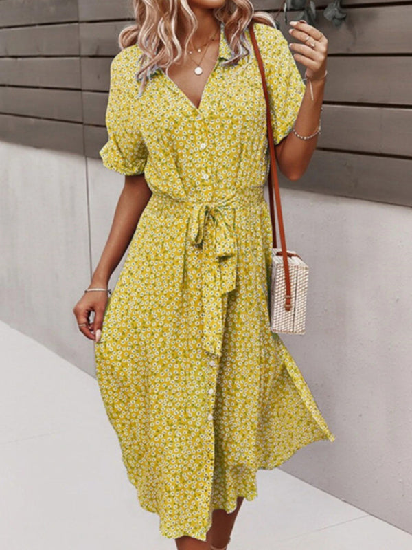 Levoire | Délicieuse robe de printemps et d'été de style resort avec grand imprimé Jaune