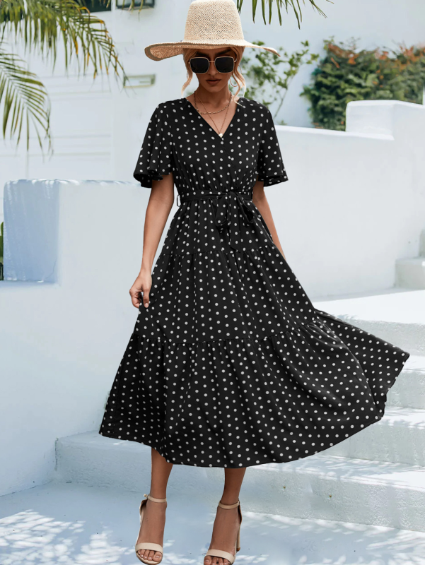 Levoire | Femmes à pois à manches courtes robe midi