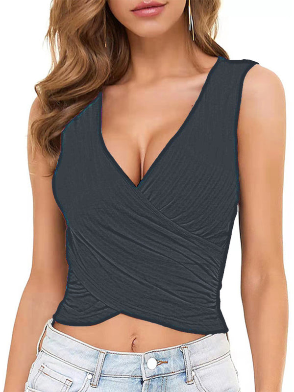 Levoire | Notre Été Dame Top Uni Court Sexy Slim Croisé Chute Débardeur Noir