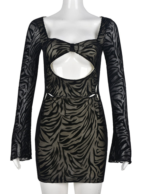 Levoire | Robe longue à manches longues en mesh à imprimé zèbre sexy dame