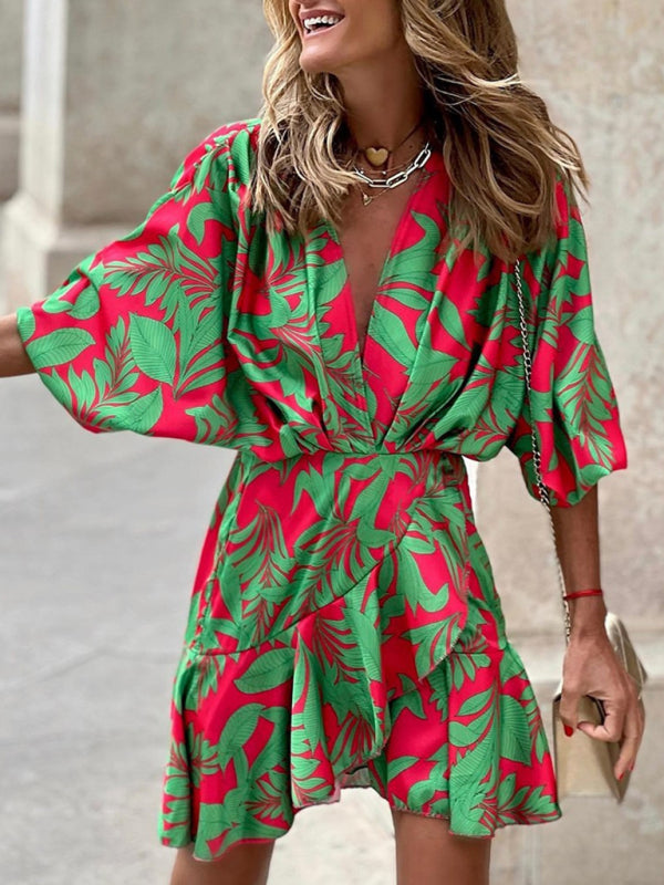 Levoire | Femme Imprimé Deep V Pufferm Élégant Robe Lotus