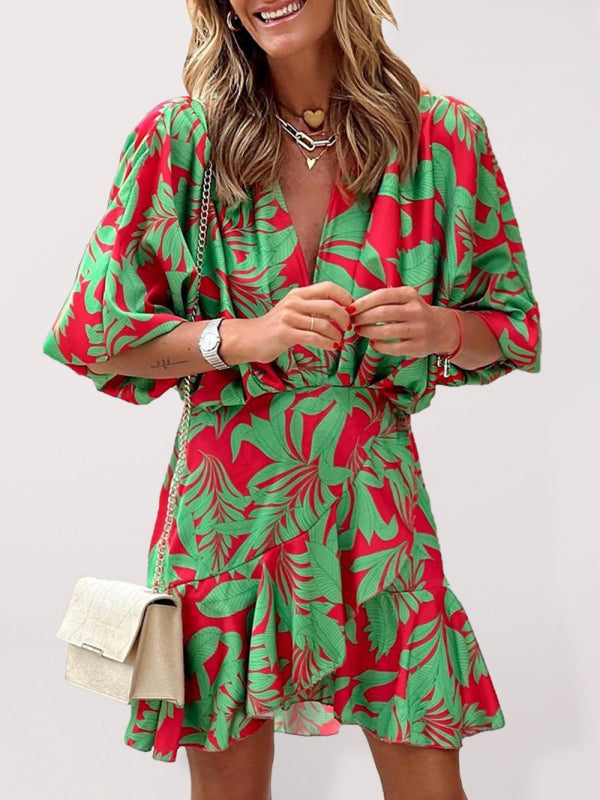 Levoire | Femme Imprimé Deep V Pufferm Élégant Robe Lotus Vert