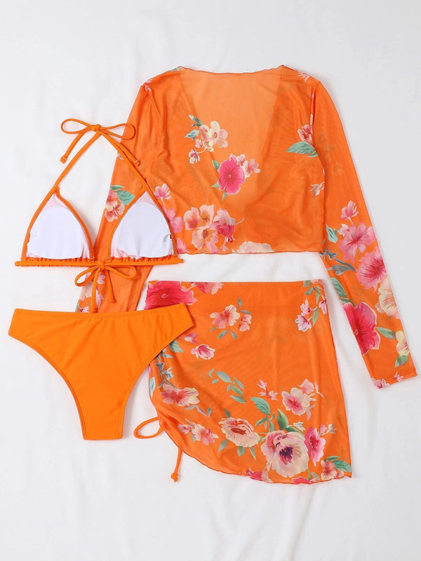 Levoire | Femme Imprimé Corde Blouse Manches Longues Ensemble de Bikini Quatre Pièces