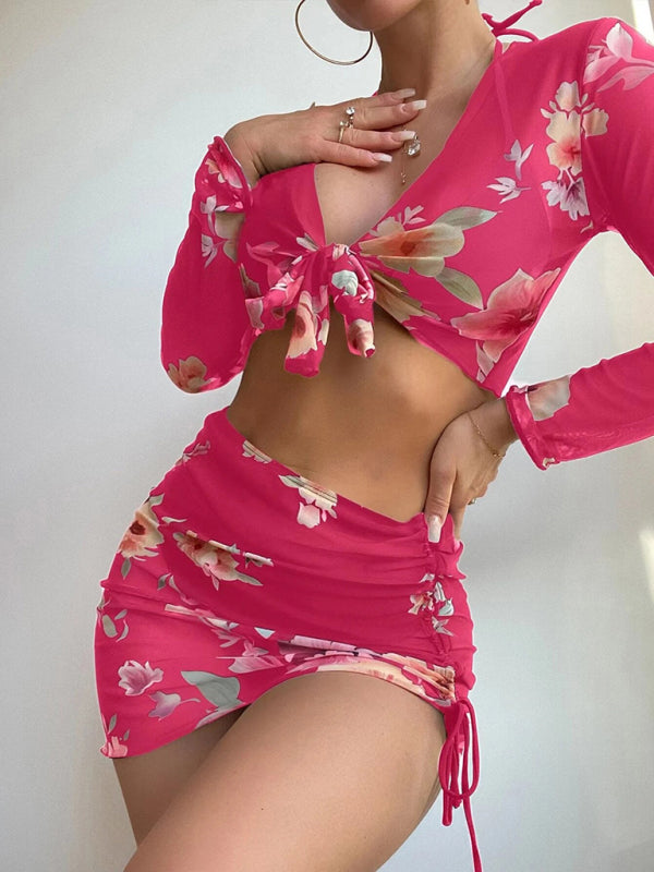 Levoire | Femme Imprimé Corde Blouse Manches Longues Ensemble de Bikini Quatre Pièces Rosa