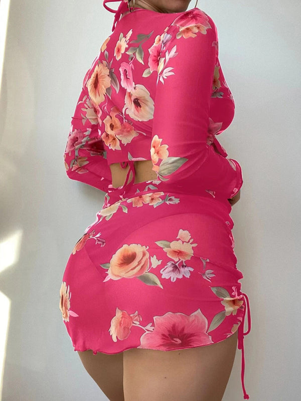 Levoire | Femme Imprimé Corde Blouse Manches Longues Ensemble de Bikini Quatre Pièces