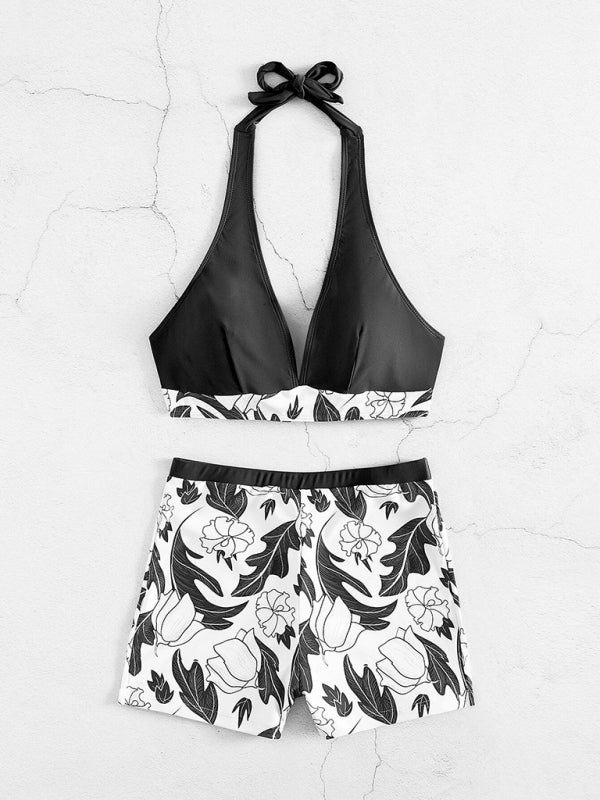 Levoire | Femme Taille Haute Boxer Liant Imprimé Uni Panneau Bikini