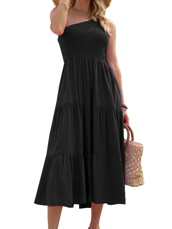 Levoire | Femmes Woven Une-Épaule Décontracté Élégant Robe Noir