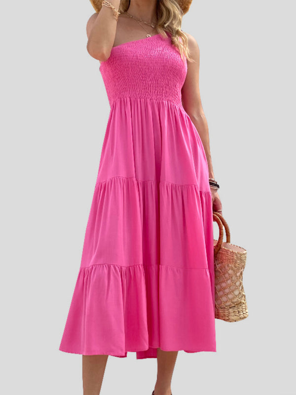 Levoire | Femmes Woven Une-Épaule Décontracté Élégant Robe Rosa