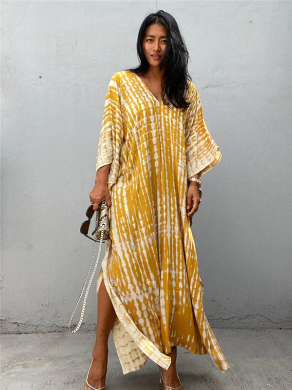 Levoire | Blouse de plage en coton imprimé Robe de vacances Protection solaire Chemise Blouse de bikini Robe de vacances Jaune UNE TAILLE