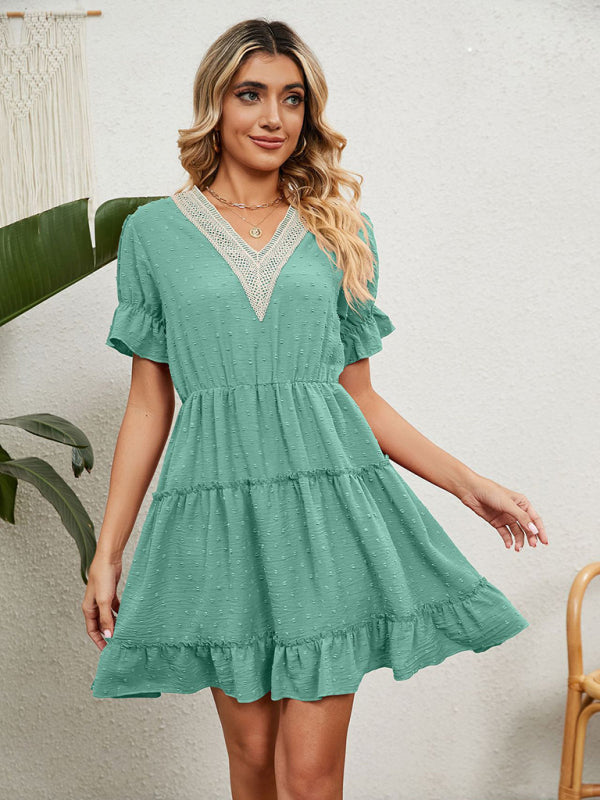 Levoire | Femme Tissé Chiffon Jacquard V-Cou Robe de Loisirs Vert
