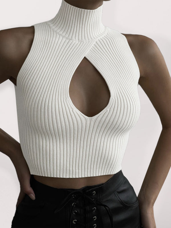 Levoire | Femmes Unicolore Sans Manches Creux Moulant Laine Gilet Top Blanc