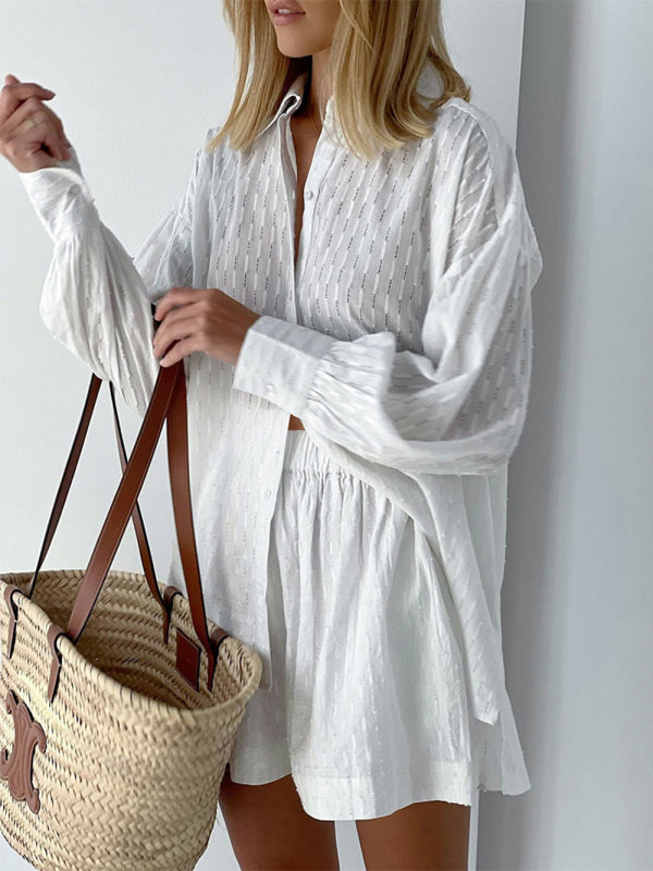 Levoire | Chemise jacquard à manches bouffantes Top court Pantalon Pendler Robe de loisirs