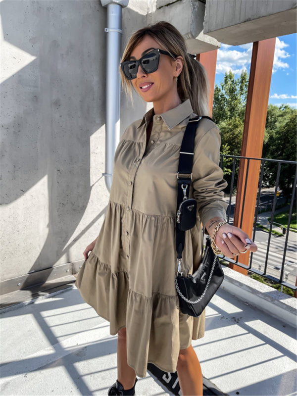 Levoire | Robe chemise ample unie européenne et américaine Khaki