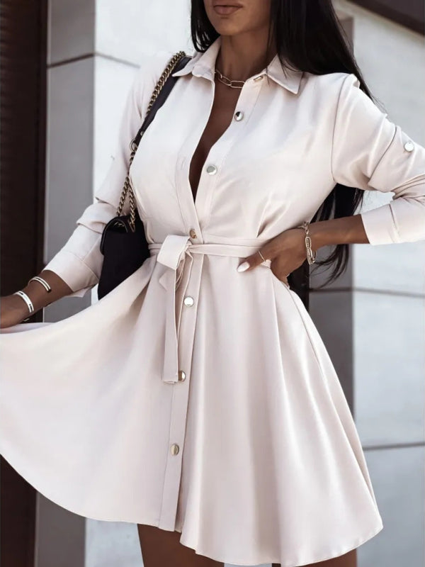 Levoire | Chemise robe pour femme européenne et américaine avec bouton revers et lien Cracker kaki