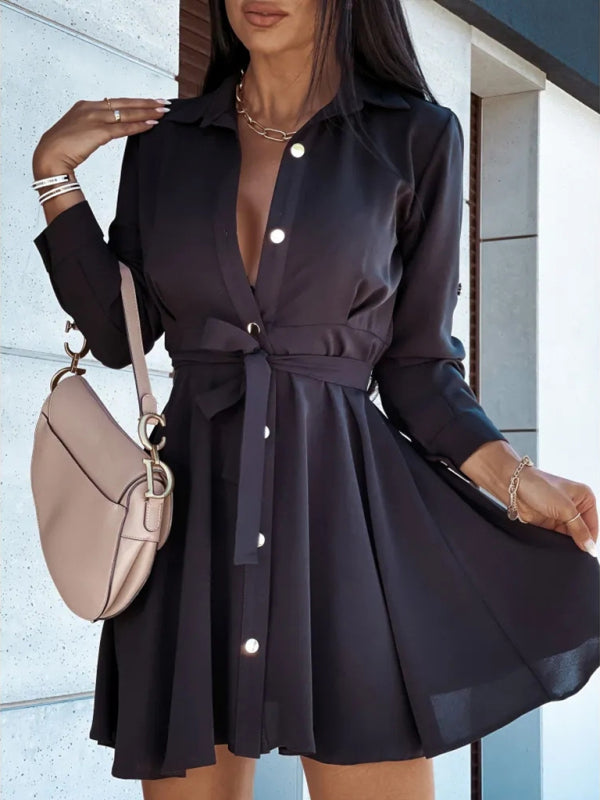 Levoire | Chemise robe pour femme européenne et américaine avec bouton revers et lien Noir